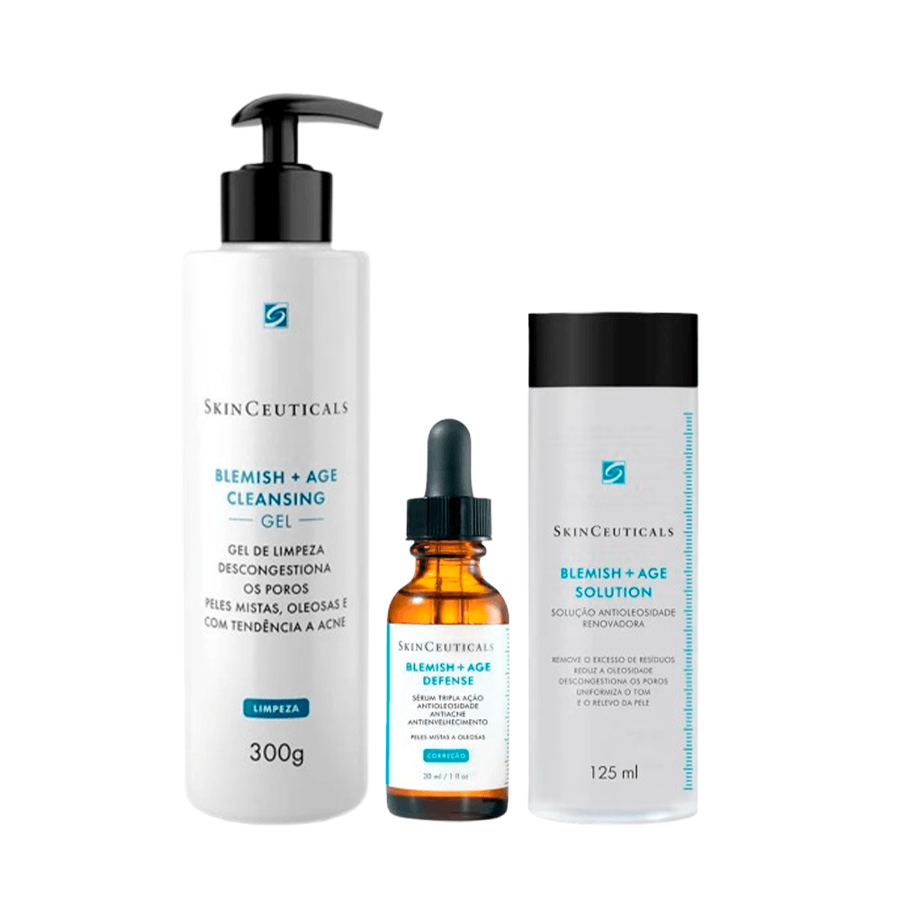 Kit SkinCeuticals Tônico Facial Blemish + Age Solution 125ml + Sérum Blemish + Age Defense 30ml + Gel de Limpeza Facial Blemish + Age 300g