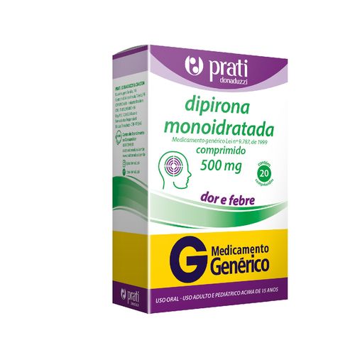 Dipirona Monoidratada 500mg Com 20 Comprimidos Genérico Prati Donaduzzi