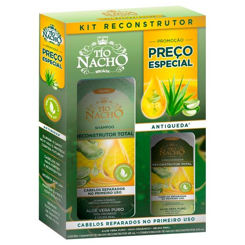Shampoo Tio Nacho Reconstrução Total Aloe Vera Puro 415ml + Condicionador Reconstrução Total Aloe Vera Puro 200ml Preço Especial