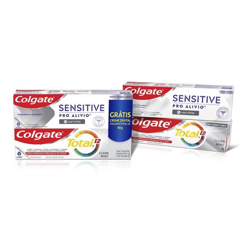 Creme Dental para Sensibilidade Colgate Sensitive Pro Alívio Real White 110g + Creme Dental Colgate Total 12 Clean Mint 90g