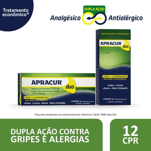 Apracur Duo Dipirona Monoidratada 500mg + Maleato De Clorfeniramina 2mg + Cafeína 30mg 12 Comprimidos