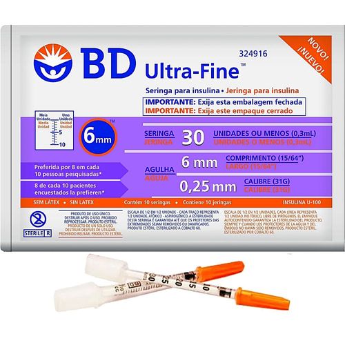 Seringa BD Insulina 0,3mL com Agulha 6x0,25mm 31G - 10 unidades