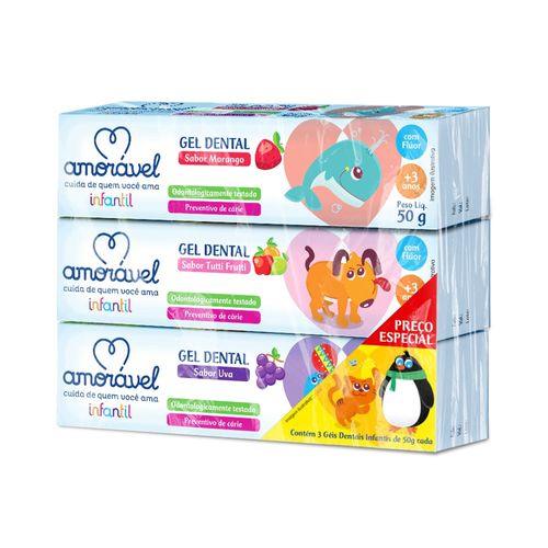 Gel Dental Infantil Amorável Kit Com 3 Unidades De 50g Cada