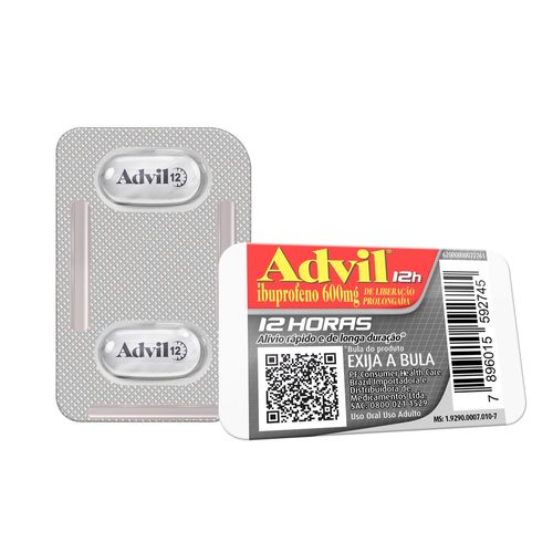 Advil 12h Analgésico com Ibuprofeno 600mg Alívio da Dor Muscular 2 Comprimidos