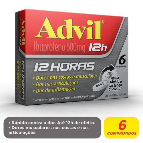 Advil 12h Analgésico com Ibuprofeno 600mg Alívio da Dor Muscular 6 Comprimidos