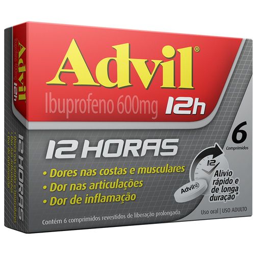 Advil 12h Analgésico com Ibuprofeno 600mg Alívio da Dor Muscular 6 Comprimidos