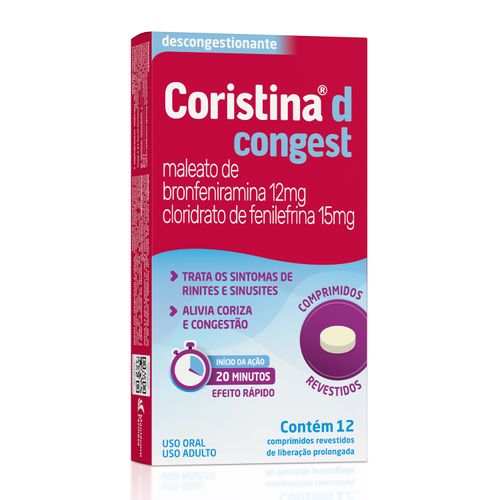 Coristina D Congest Maleato De Clorfeniramina 12mg + Cloridrato Fenillefrina 15mg 12 Comprimidos