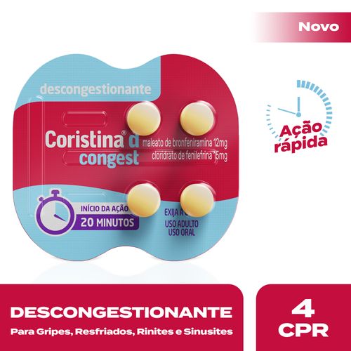 Coristina D Congest Maleato De Clorfeniramina 12mg + Cloridrato Fenillefrina 15mg 4 Comprimidos