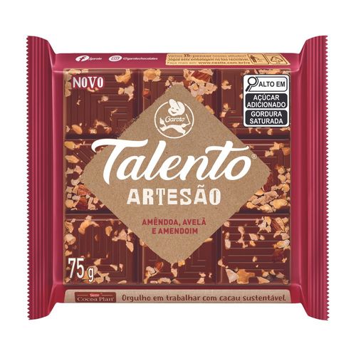Chocolate Ao Leite Com Amêndoa, Avelã E Amendoim Garoto Talento Artesão Pacote 75g