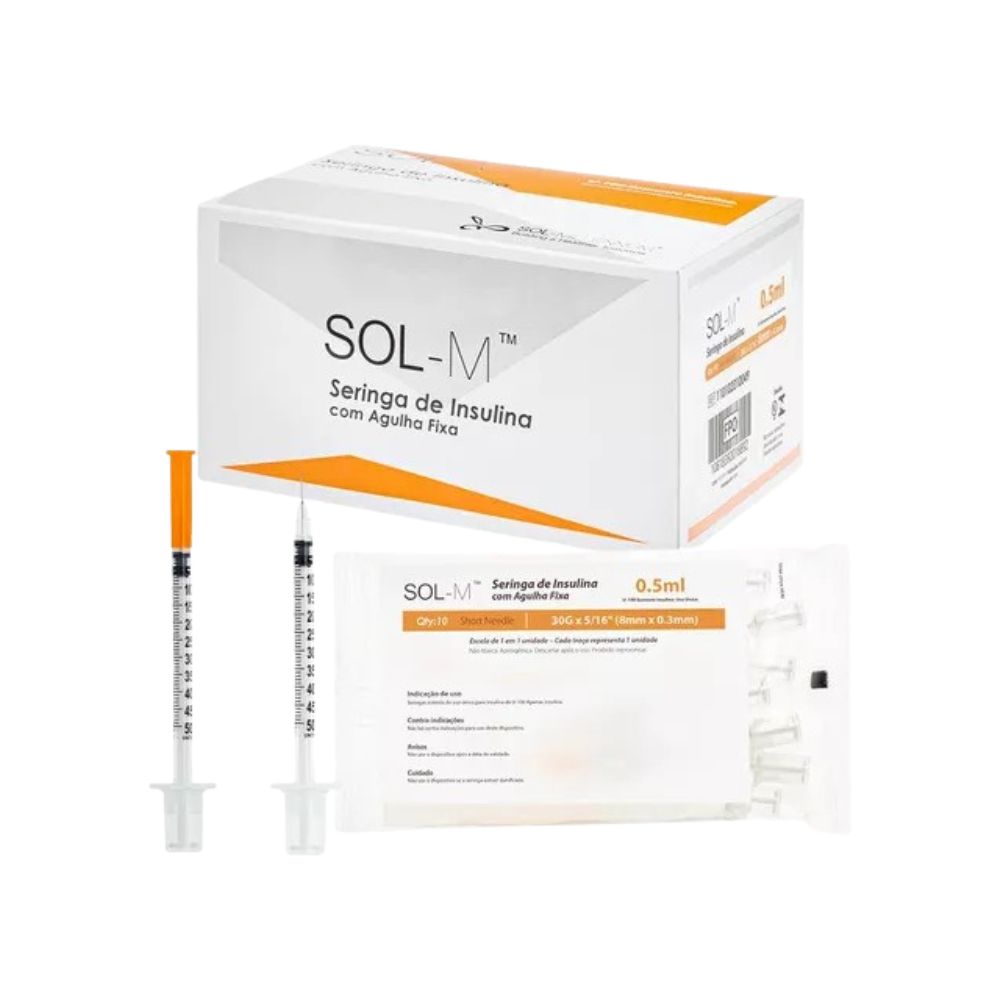 Seringa Com Agulha Fixa Pague Menos Sol-M Insulina  8mm X 0,3mm Com 10 Unidades
